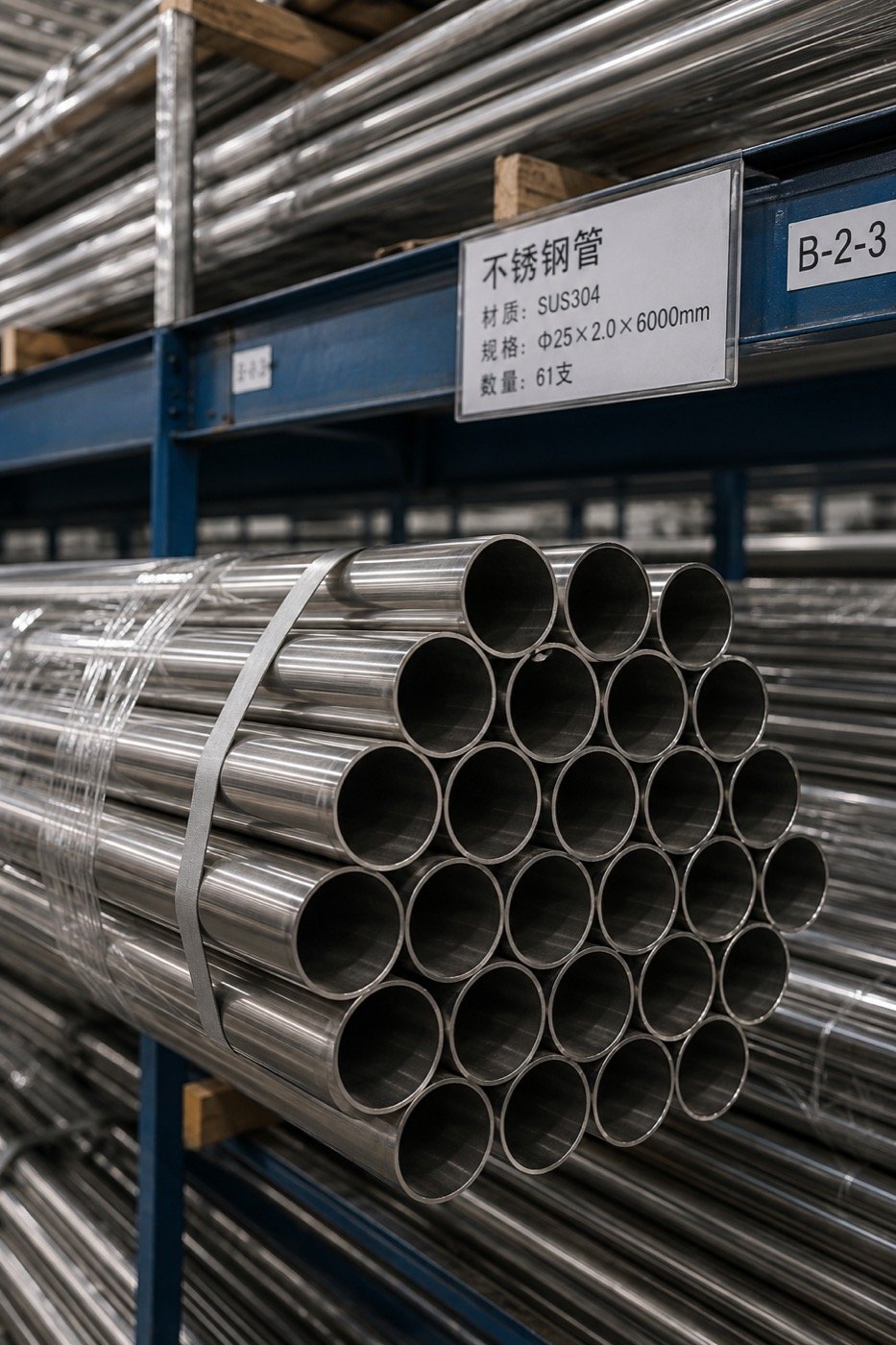Stainless steel SUS304 tubes on the warehouse rack